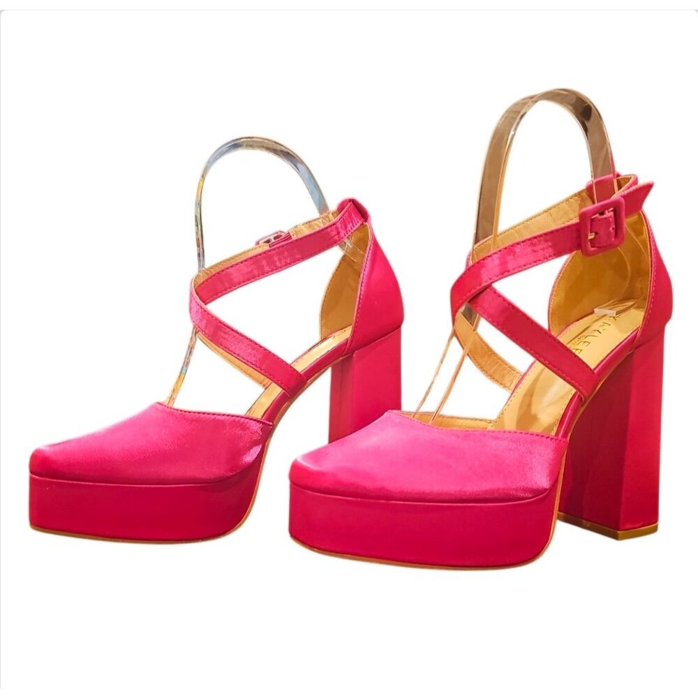 Bright Fuchsia Satin Platform High Heel Ankle Strap Pumps